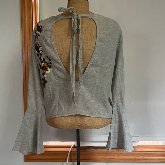 Zara basic embroidered bohemian open back with long tie size M light blue/gray - Picture 6 of 8